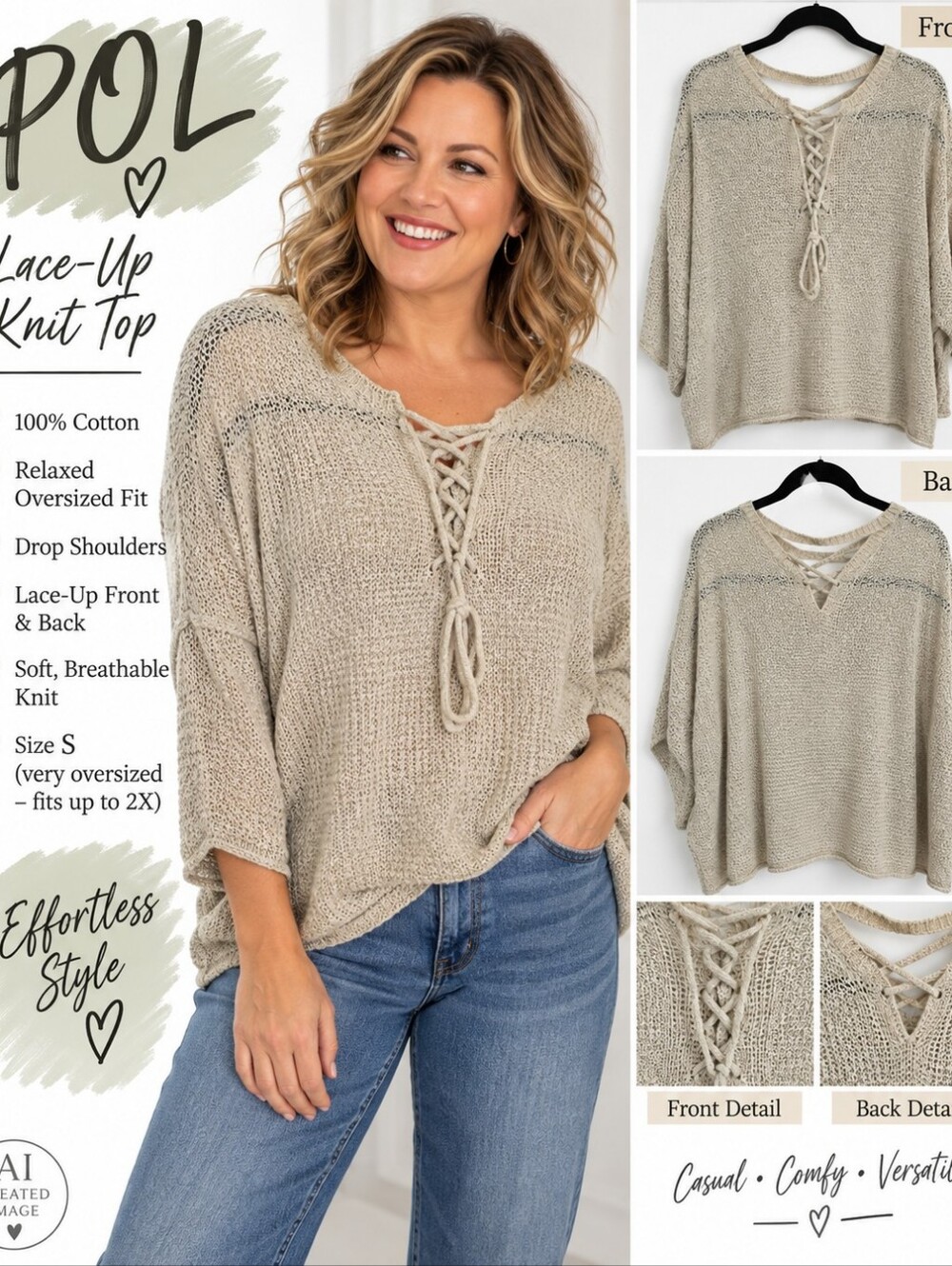 POL Women's Cream Sweater with Lace-Up Detail, Oversized, Never Worn